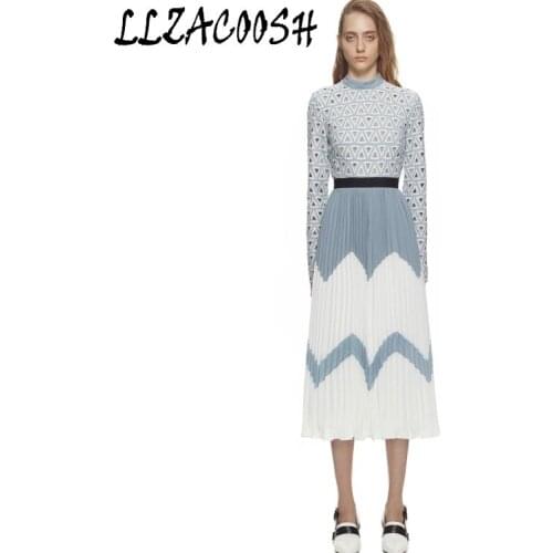 High quality 2018 self portrait dresses women hollow out patchwork pleated lace dress long sleeve party dress