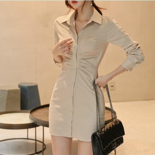 2020 Fashion Women Dress Turndown Collar Long Sleeve Wrinkled Slim Khaki Dress Office Lady Elegant Shirt Dress Vestidos Robe