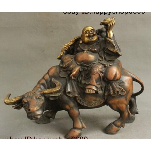 13" China Bronze Gilt Happy Laugh Maitreya Buddha Ride Bull Oxen Yuan Bao Statue