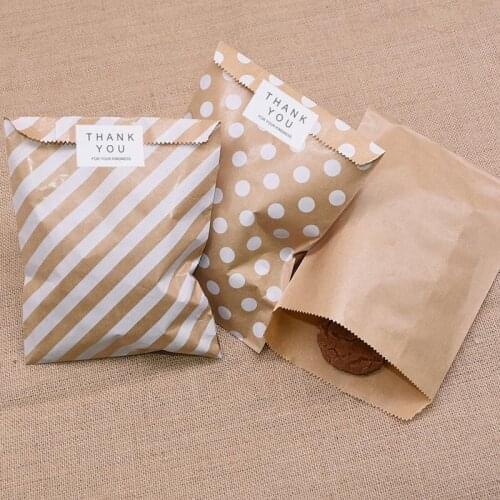 25/50pcs Round Dots Stripe Printing Gift Kraft Paper Bag Baking Biscuits Candy Packaging Bag For Wedding Birthday Party Supplies