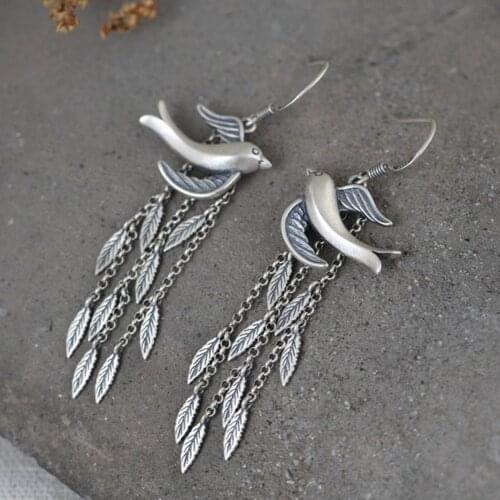 BOCAI New real S925 silver jewelry leaves long tassels female literary earrings temperament swallow 925 silver woman earrings