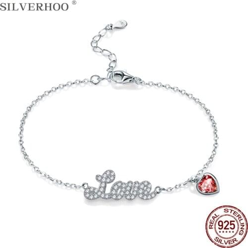 SILVERHOO 925 Sterling Silver Bracelet Women Red Heart-shape Luxury Austria Crystal Bracelet Girl Festival Gifts Fine Jewelry
