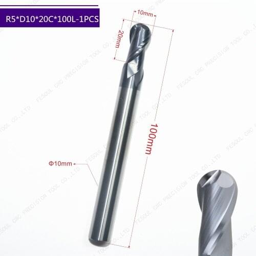 D10*R5*20C*100L-1PCS,Freeshipping HRC45 2 Flute ball nose CNC solid carbide end mill,Tungsten steel Tialn Coating milling cutter