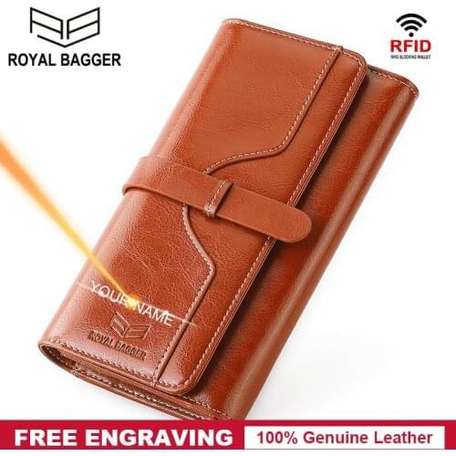 Royal Bagger Long Wallet for Women RFID Block Genuine Leather Lady Purse Phone Pocket Card Holder Classic Female Wallets Purses
