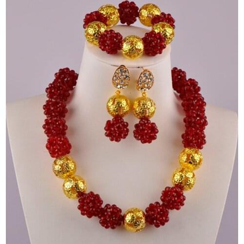 Wine Crystal Beads Ball Beaded African Necklace Jewelry Set Nigerian Beads Sets