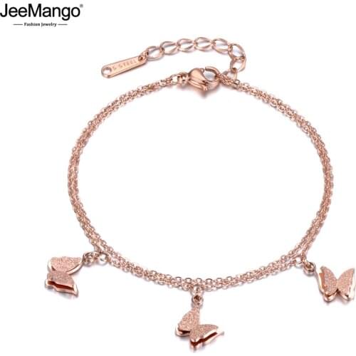 JeeMango Trendy Stainless Steel Double Layers 3Pcs Butterfly Charms Link Chain Bracelets For Women Girls Кольцо Женское JB18181