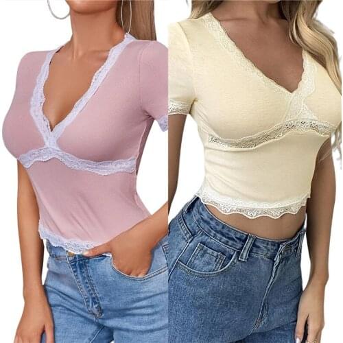 Hirigin V Neck Lace Short Sleeve Crop Top T Shirt Casual Fashion Korean T-shirt Women Summer Solid Color Tee Shirt Femme 2021