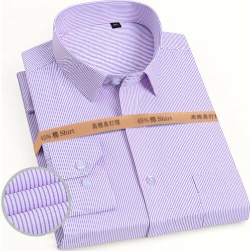 Mens Dress Shirts White Collar Long Sleeve Striped Twill Plain Shirt for Men Office Formal Business Front Pocket 2020 New Summer