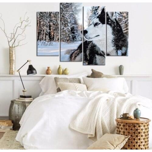 Wall Art Canvas Pictures Bedside Background Decor 4 Pcs Black and White Wolf Snow in Living Room HD Printed Posters Paintings