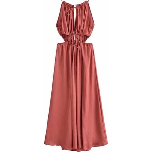 New Women Hollow Out Satin Dress Vogue Cut-Out Waist Design Sleeveless Chic Lady Elegant Sexy Maxi Dresses Woman Robe