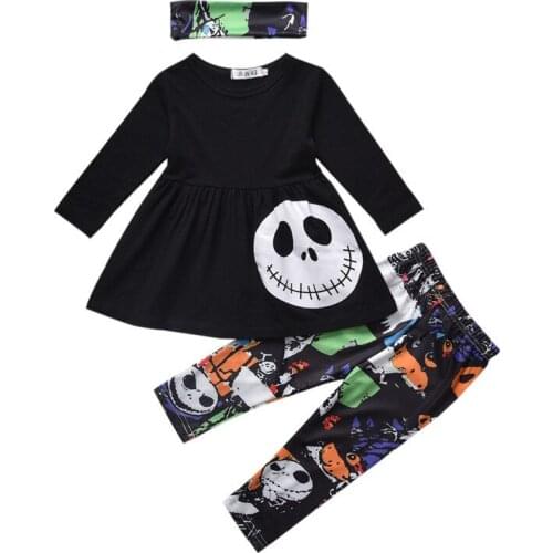 Autumn Girls Halloween Costume 2021 New Holiday Dress Skull Printed Tops Trousers Childrens Three-piece Set 0-6Y