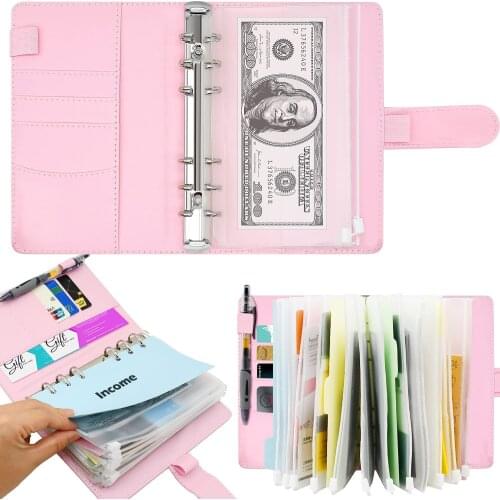 A6 Cash Budget Binder, PU Leather Notebook 6-Ring Pine Leaf Cover, Transparent Plasitc Zipper Envelope Bag, Index Divider (Pink)