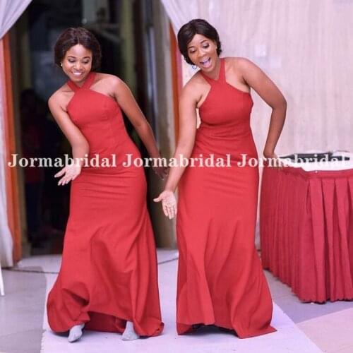 Red Mermaid Halter Neck Bridesmaid Dresses Long Crisscross Back Girls Maid Of Honor Dress Elastic Satin Wedding Party Gowns