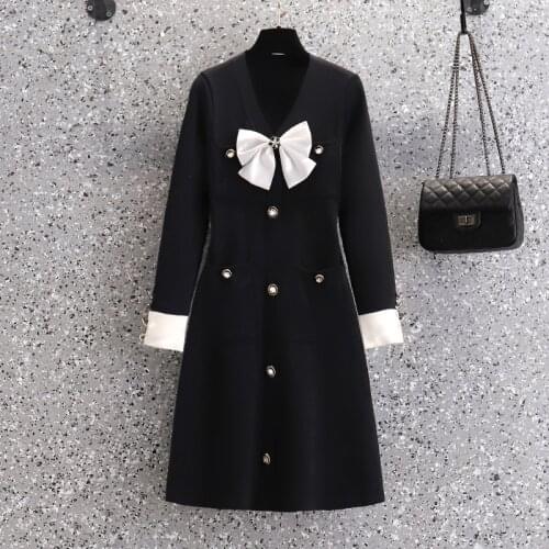 Small Fragrance Knitted Sweater Dress Women Bow Buttons Vintage Party Mini Dress Fall Winter Fashion Casual Black Robes Vestidos