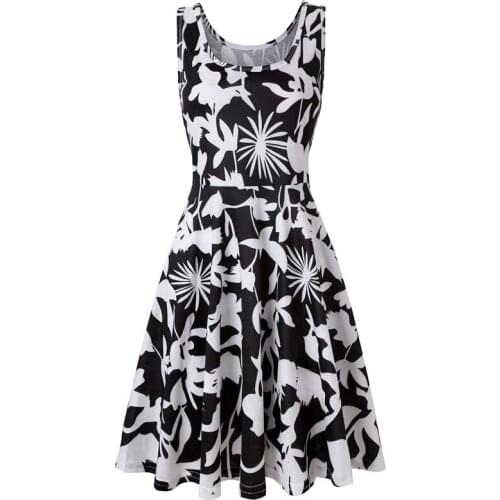Women Knee Length Sleeveless O-neck White Flower Printed Spaghetti Straps Long Dress Elegant Female Black Dresses