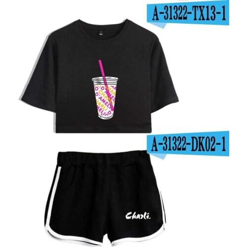 Sexy Womens Two Piece Shorts + Cute T-shirt Suit Harajuku Print Flower Ice Coffee Splash Charli Damelio Girls High quality Suit