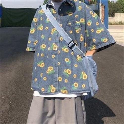 Vintage distressed denim shirt couple full printed daisy washed shirt academy basic polo niche Korean neutral loose short sleeve