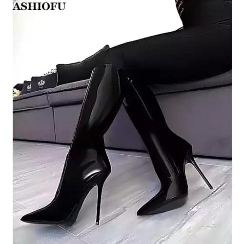 ASHIOFU Handmade Womens Stiletto Heel Boots Classic Party Prom Dress Boots Sexy Club Evening Fashion Mid-calf Winter Boots Shoes