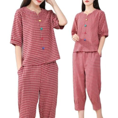 Female Fashion Cotton Linen Set Summer Short-Sleeved Plaid Top Casual Cropped Trousers Linen Two-Piece Suit For Small Women A318