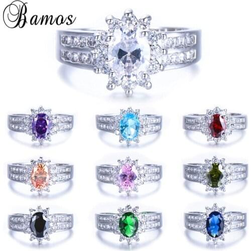 Bamos 10 Colors Female Oval Finger Ring Fashion White Gold Filled Jewelry Vintage Wedding Engagement Rings For Women Best Gifts
