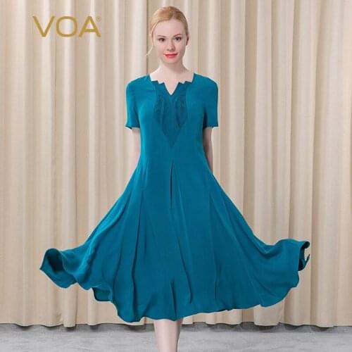 VOA Silk Indigo Half Open Collar Short Sleeve Tuck Line Contrast Material Three Dimensional Decoration Irregular Dress AE333