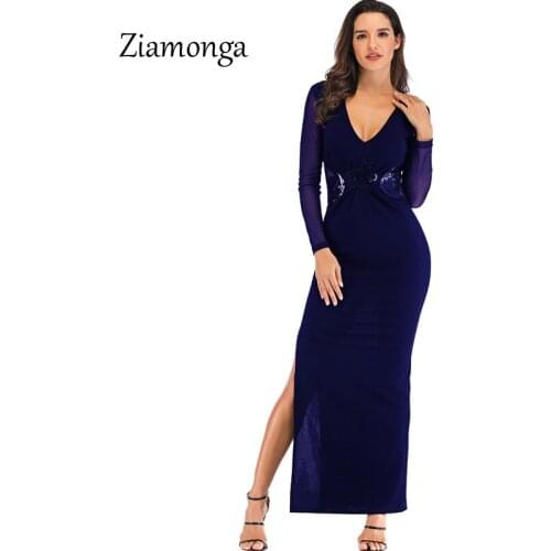 Ziamonga Sexy Club Bodycon Party Maxi Dress Split Long Sleeve V Neck Sequined Dress Women Ankle Length Long Dress Vestidos 2019