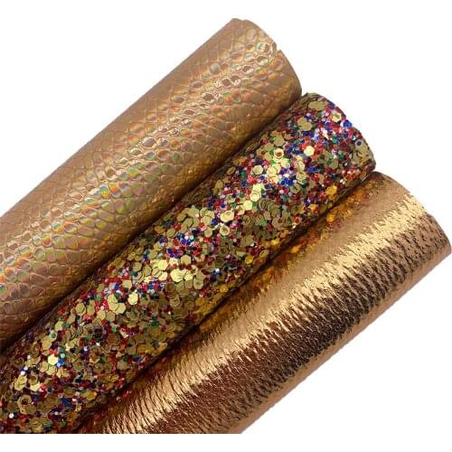 Gold Chunky Glitter Leather Fabric Iridescent Snake Synthetic Leather Crack Vinly Leather For BOWS DIY 21X29CM G580