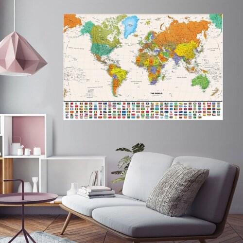 150x100cm Non-woven Spray World Map The World Physical Map with National Flag for Education and Culture Home Decoration