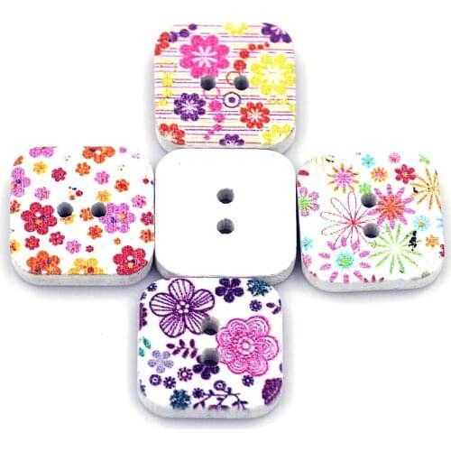 50PCS Mixed Flower Pattern Square Wooden Sewing Buttons 2 Holes DIY Crafts Scrapbook Clothes Gift Knitting Accessories 19x19mm