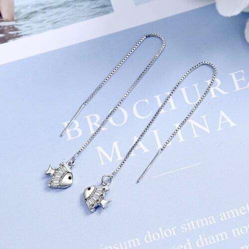 5A Shiny Crystal Zirconia Stone Cute Fish Drop Pendant Long Chain Tassel Drop Earrings Silver-Plated Ear Jewelry Gift for Women