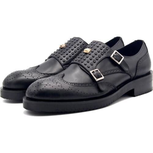 Handmade Men Brogue Shoe Black Rivets Monk Strap Embroidery Buckle Leather Formal Business Shoes