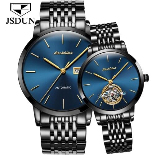 JSDUN Couple Watch Ladies Mens Watch Blue 2021 Luxury Fashion Waterproof Mechanical Stainless Steel Business Watch Reloj Hombre