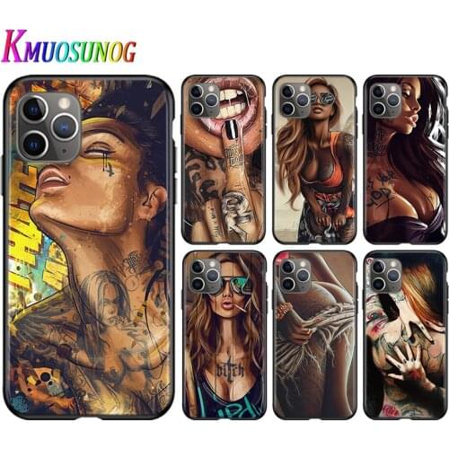 For iPhone 11 Pro XS Max X XR Phone Case Sexy Sleeve Tattoo Girl For iPhone 6S 6 7 8 Plus 5S Bright Black Soft Phone Cover