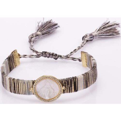 Cz paved multiple Virgin Mary statue Christian religious charm soft cotton silk boho wristband adjustable bracelet for woman