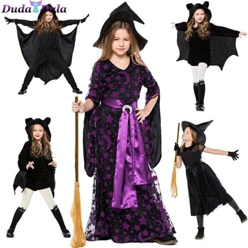Kids Children Cosplay Costumes Witch Carnival Halloween Cosplay Costumes for Girl Black Bat Halloween Jumpsuit with Angel Wing