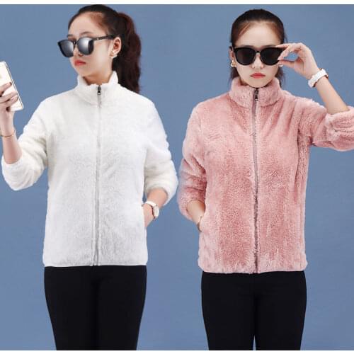 Polar fleece Jacket Womens Autumn Winter Coral Fleece Short Wool Coat Thicken Stand collar Double-sided Fleece Female Outwear