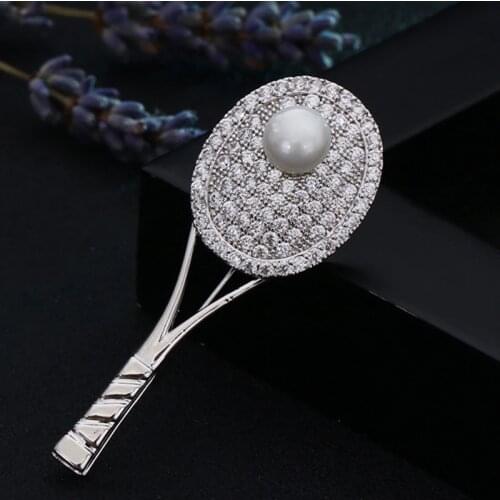 Cubic Zircon Tennis racket Brooches Bouquet Fine Imitation Pearl Jewelry Brand Zirconia Wedding Bridal Hijab Pins Bags Bijoux