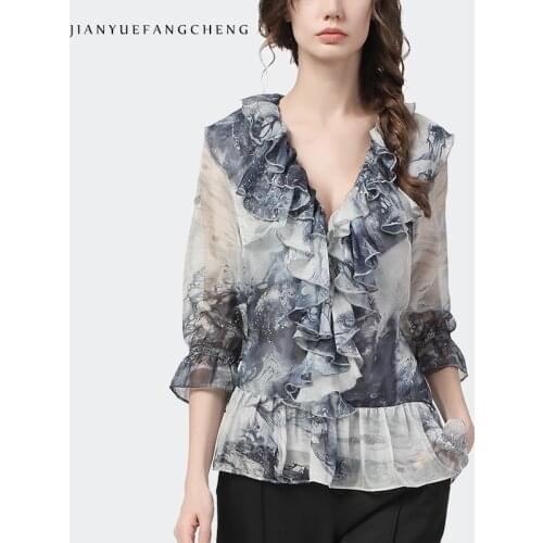 Fashion V-Neck Ruffles Chiffon Blouse Women Art Pattern Print Half Sleeve Slim Waist Tops 2021 Spring Summer Temperament Blouses