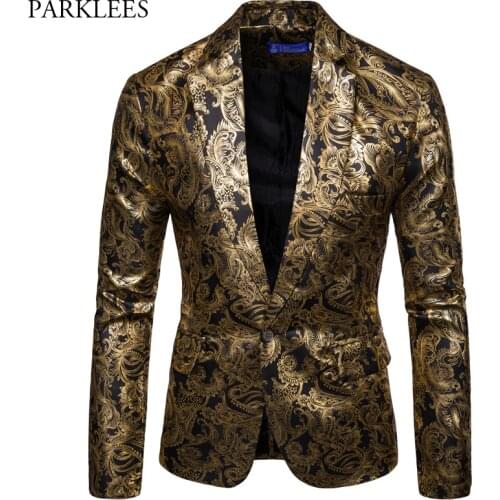 Gold Coated Metallic Suit Men Jacket Glitter Bronzing Floral Print Blazer Jacket Men Slim One button Nightclub DJ Stage Costumes