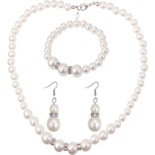 Faux Pearl Crystal Necklace Earrings Bracelet Set Jewelry for Women Wedding