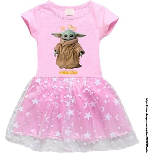 New European And American Girls Dress Cotton Mandalorian Baby Yoda Cartoon Star Moon Gauze Short Sleeve Skirt