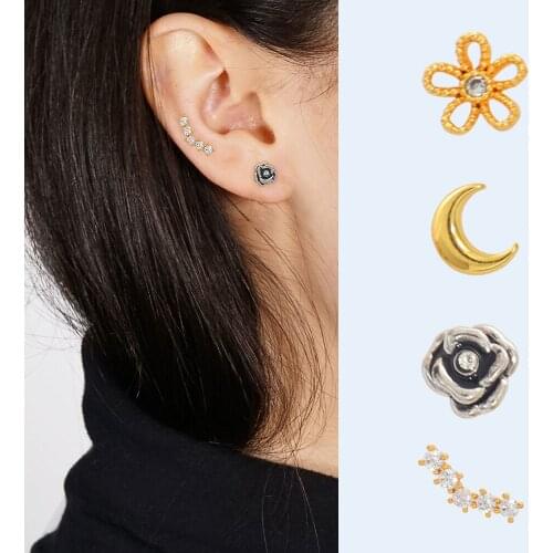 New Design Cz Curved Bar Flower Moon Cartilage Earring for Women Girl Conch Piercing Helix Stud Ear Piercing Jewelry Gift