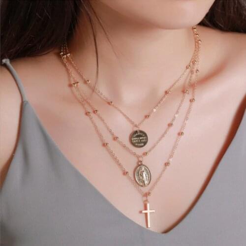 Necklace Metal Alloy Three-Layer Letter Fashion Multi-layer Cross Gold Coin Pendant For jesus catholic Christian believers Gift