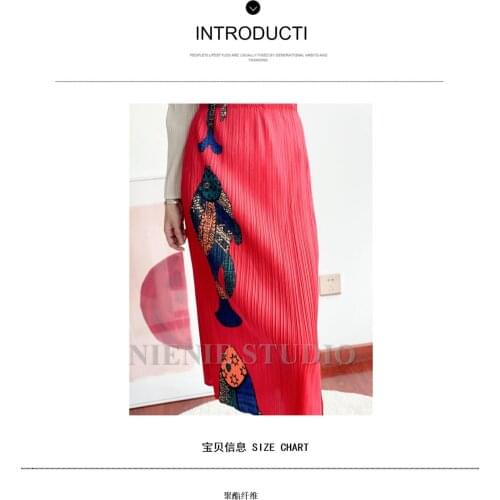 HOT SELLING Miyake fold Wide-brimmed twill pleated Weave Sumizome Cartoon fish print long skirt IN STOCK