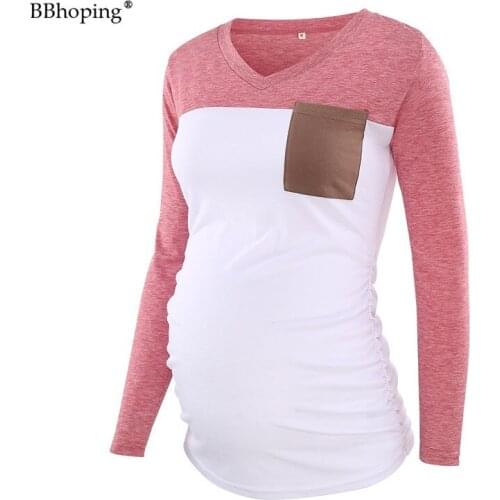 Maternity Pink Long Sleeve Tops With Pocket Casual V Neck Color Block Baby Bump Style Mama Clothes Super Soft Pregnancy Shirts