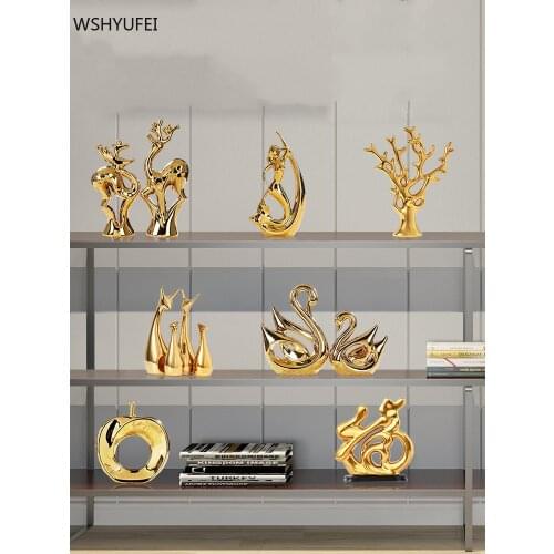 Modern Ceramic Gold and silver Swan Deer Figurines Ornaments Home Living room Table Crafts Office Decoration Accessories