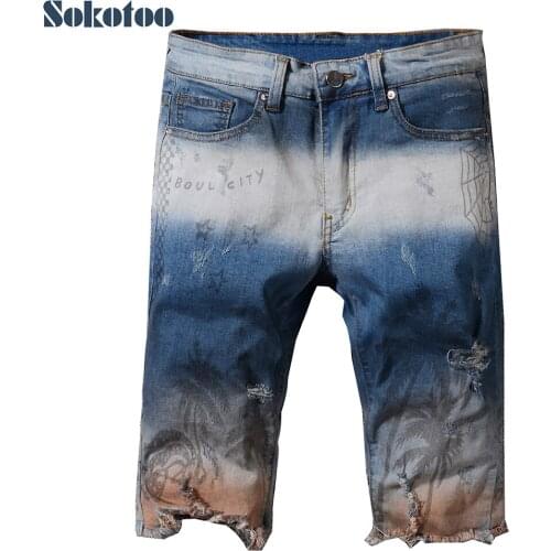 Special price Mens summer knee length coconut tree printed contrast color shorts Fashion painted ripped denim jeans