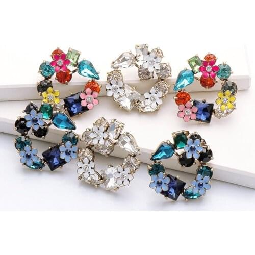 Minar Vintage Shinning Rhinestone Flowers Hoop Earrings for Women Crystal Enamel Floral Statement Earrings Creative Jewelry 2021