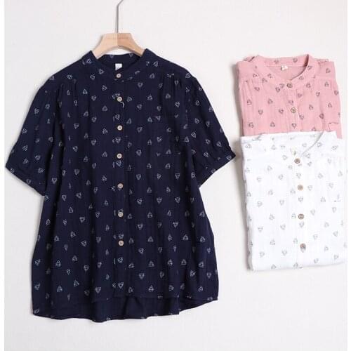 2020 New Summer Women Blouse Japan Style Print Cotton Stand Collar Short Sleeve Shirt Loose Casual Women