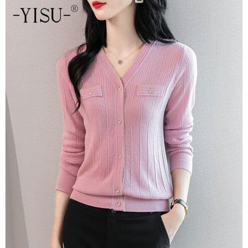 YISU Womens clothing Women Wool Autumn Casual Cardigan V-Neck Solid color Long sleeve Tops Single breasted Knitted Cardigan